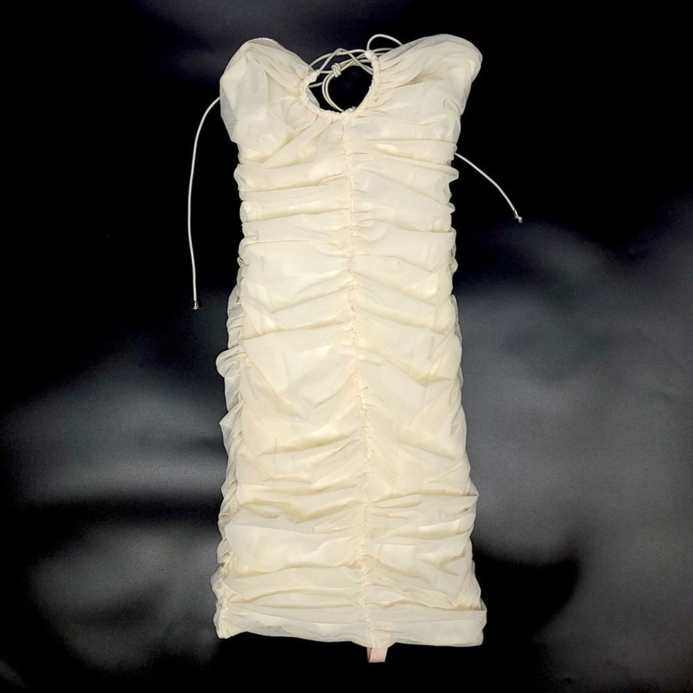 NWT Oh Polly SUNSET LOVER Cross Strap Ruched Mini Dress Mesh Ivory Clean Girl 2